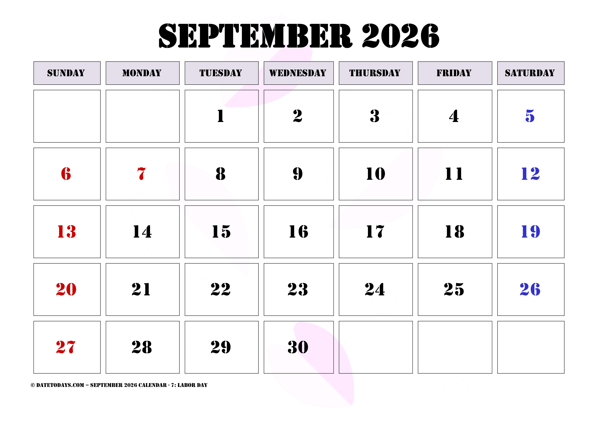 September 2026 Calendar Printable PDF With Holidays