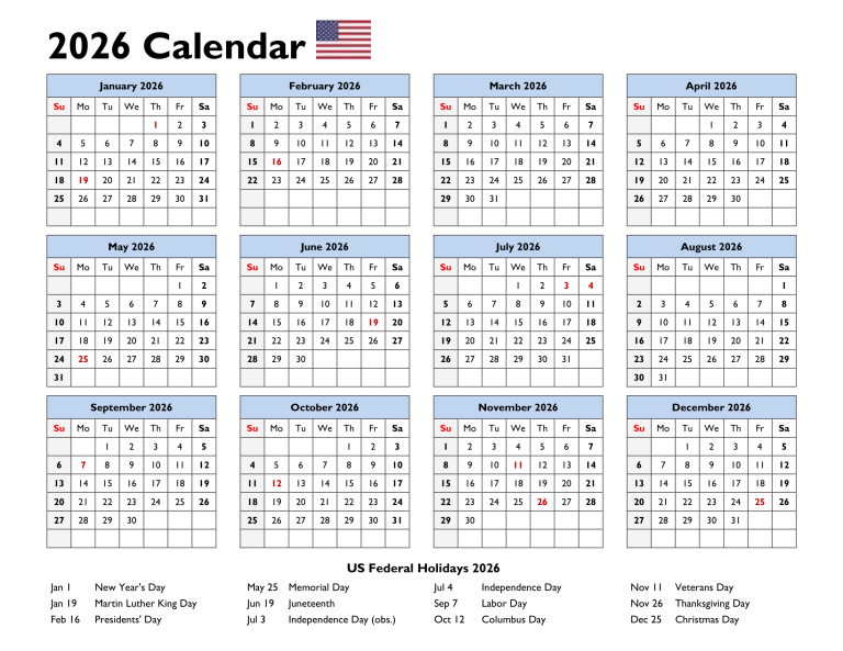 Printable 2026 Calendar with US Holidays One Page PDF
