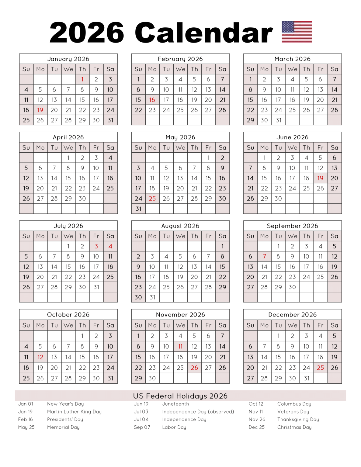 2026 Monthly Calendar With Holidays Free Printable 2026 Monthly 