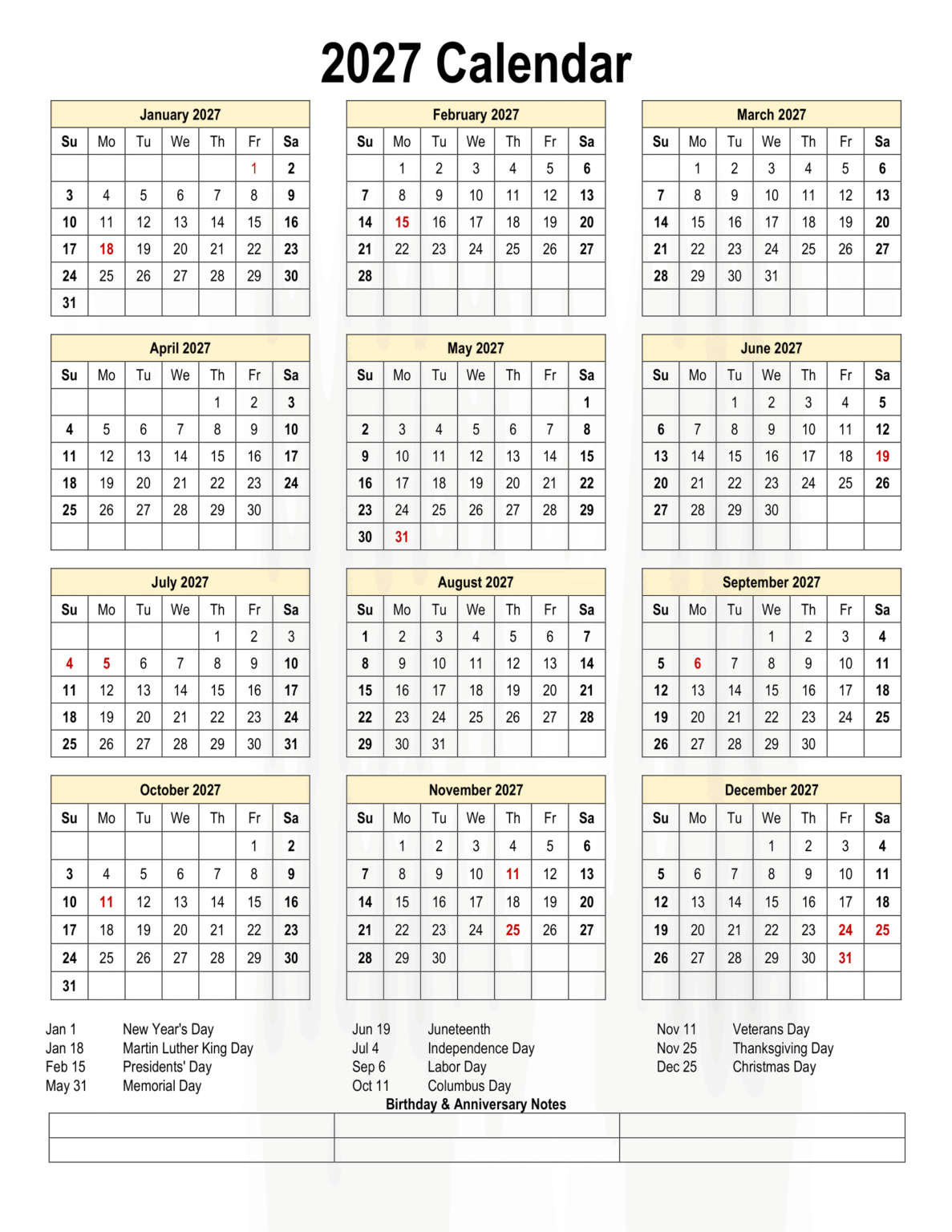 Printable 2027 Calendar with Holidays