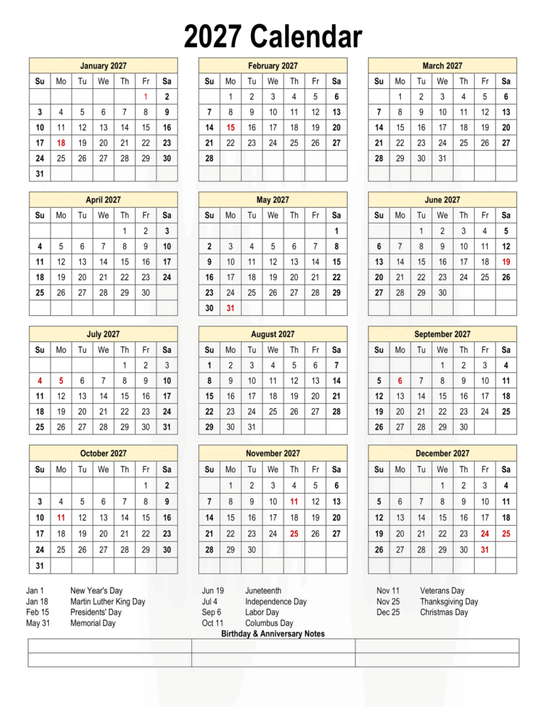 Printable 2027 Calendar with Holidays