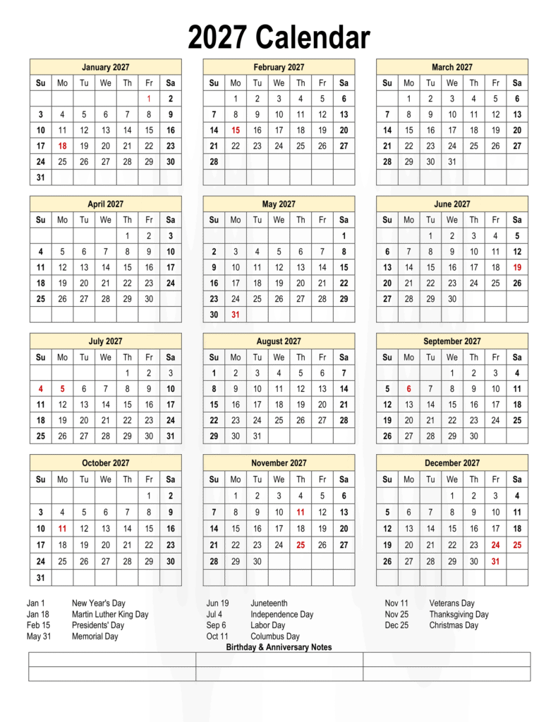 Printable 2027 Calendar with Holidays