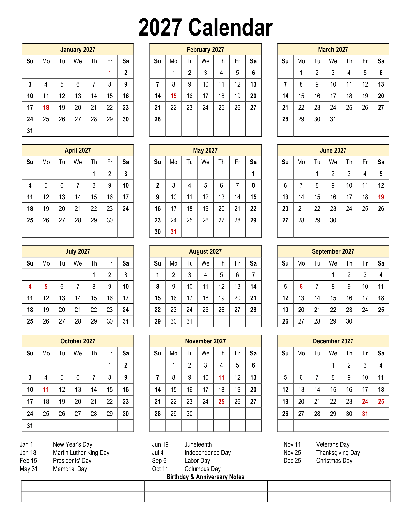 2027 Calendar Printable with Holidays