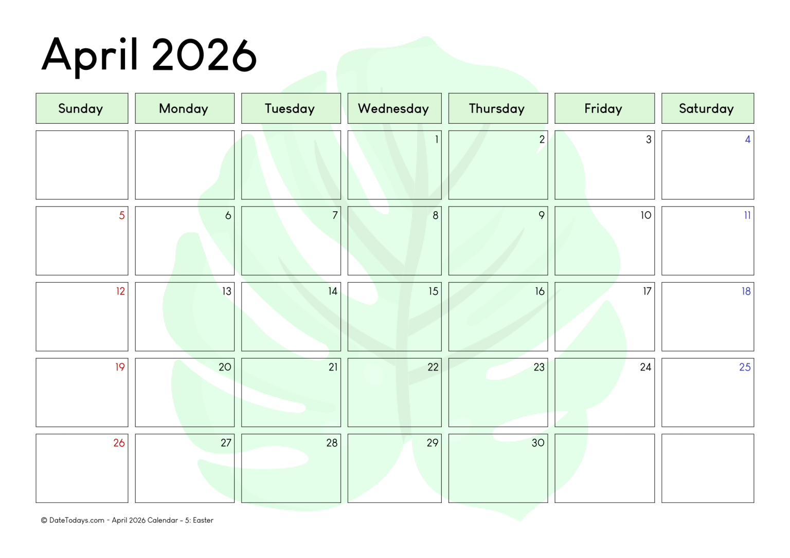 Printable April 2026 Calendar with Holidays Printable PDF