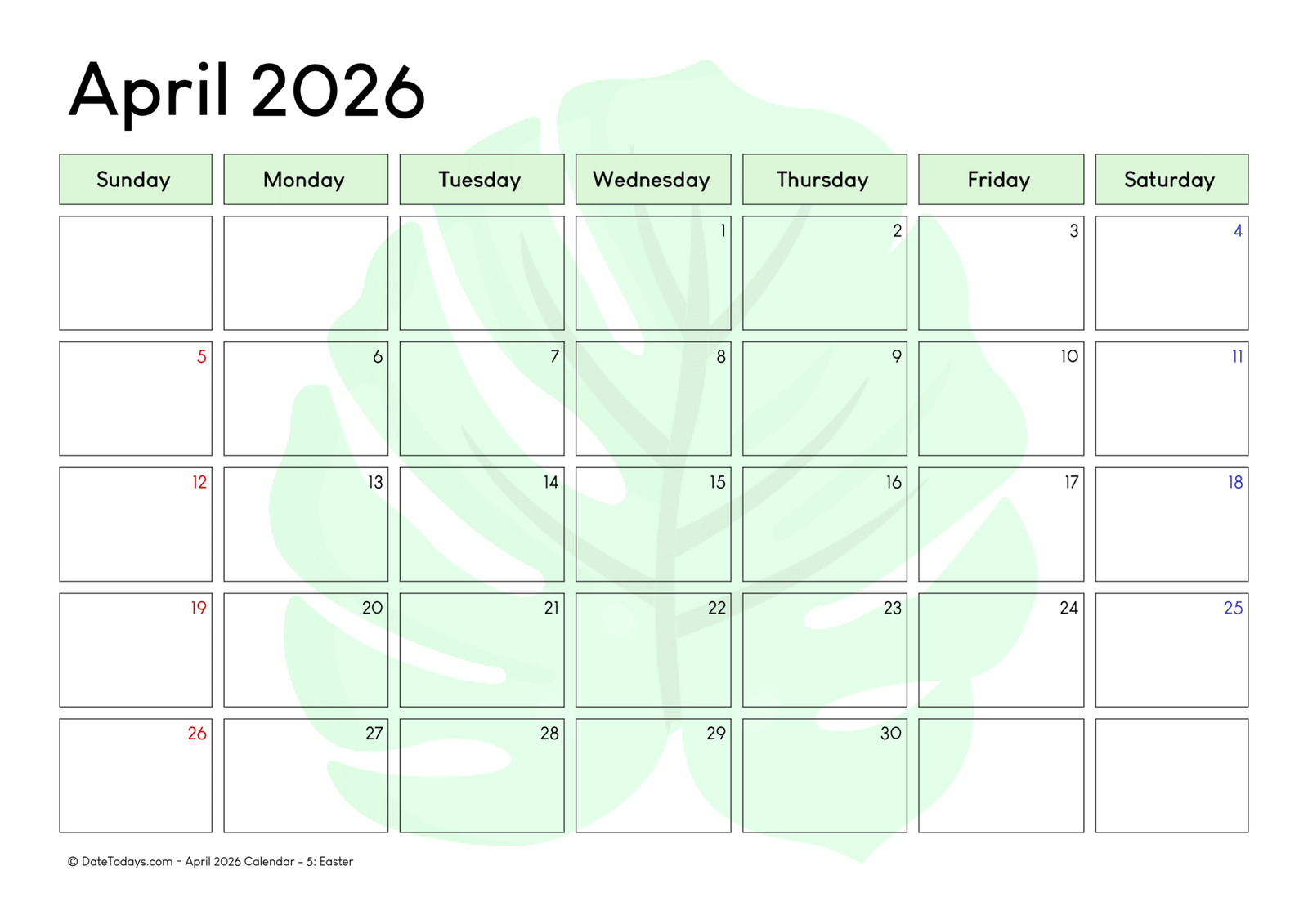 Printable April 2026 Calendar with Holidays Printable PDF
