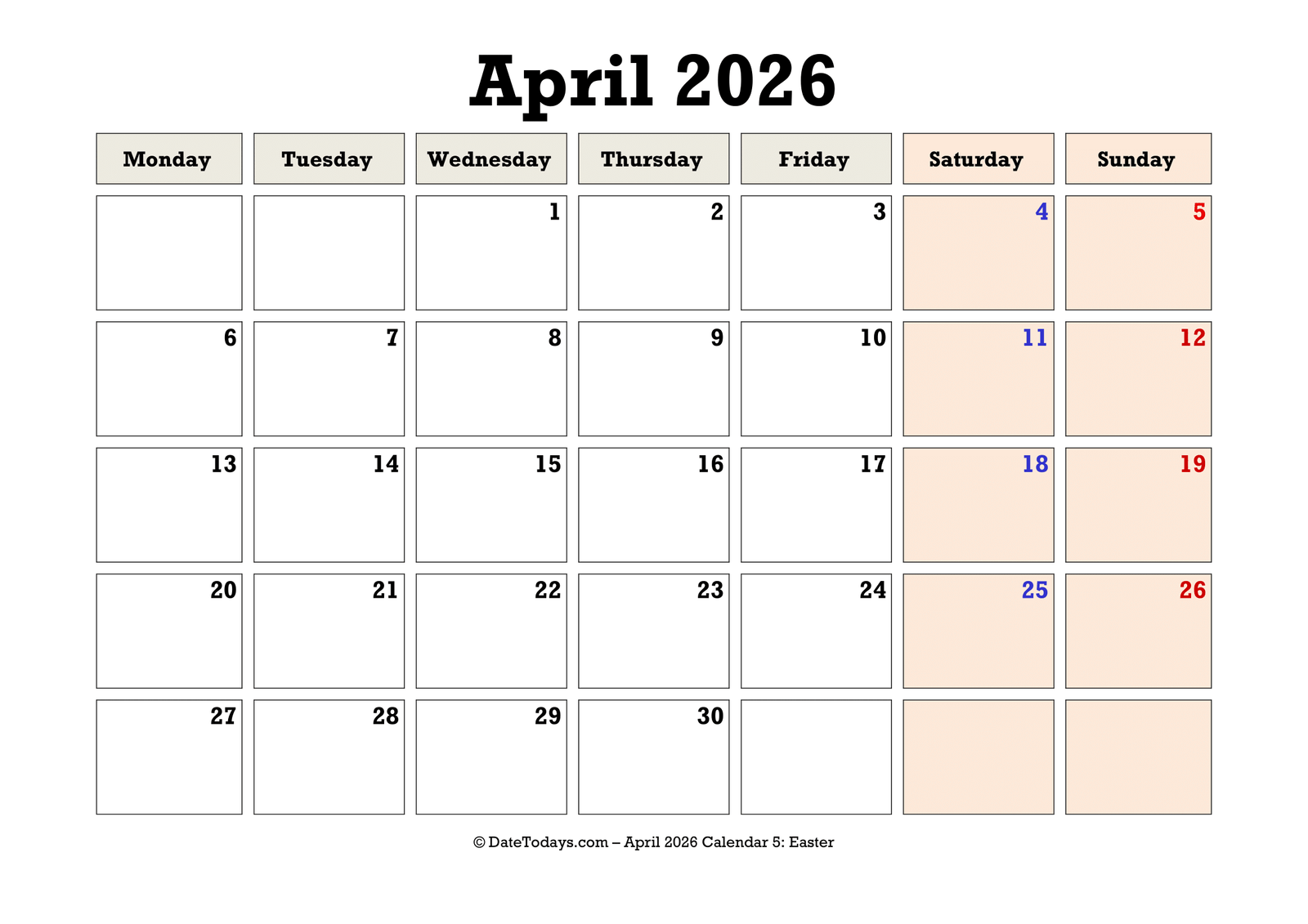 April 2026 Calendar Monday Start