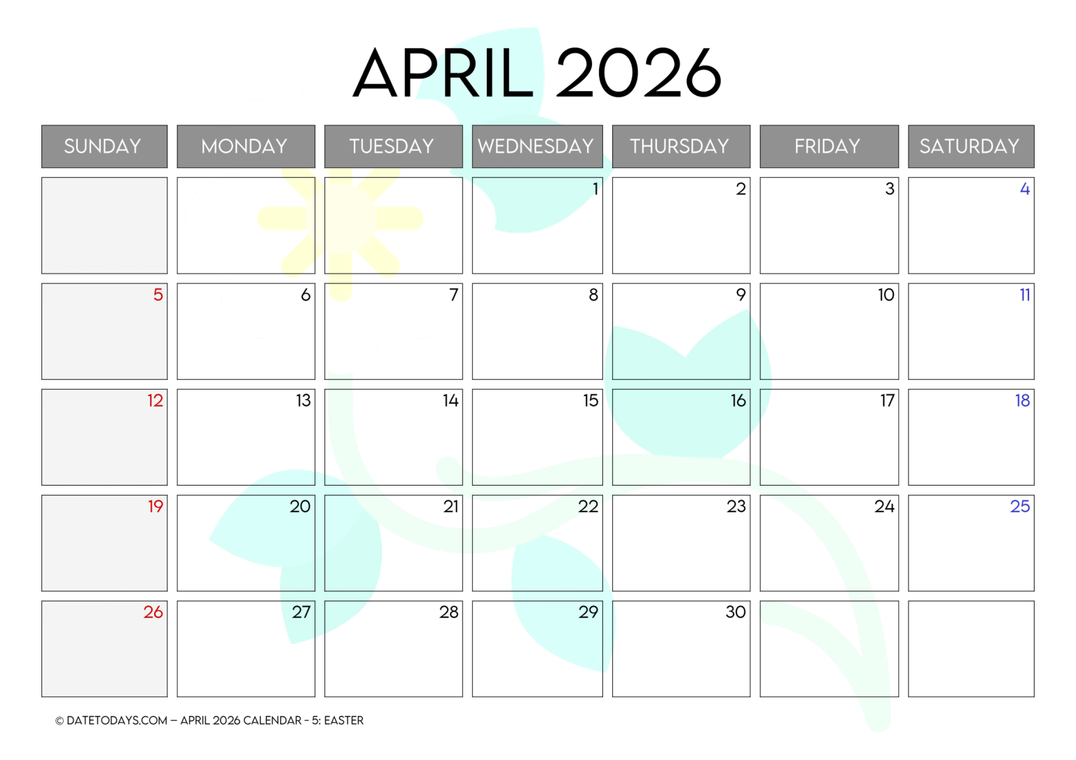 Printable April 2026 Calendar with Holidays Printable PDF Printable April 2026 Calendar with Holidays Printable PDF