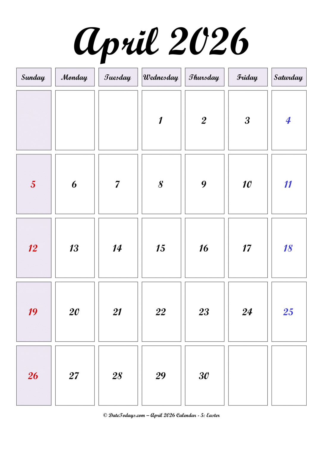 Printable April 2026 Calendar with Holidays - Printable PDF