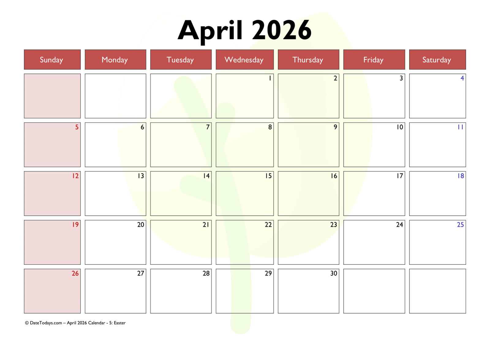 Printable April 2026 Calendar with Holidays Printable PDF