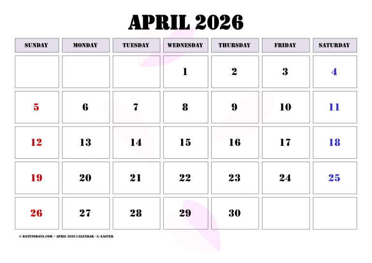 Printable April 2026 Calendar with Holidays Printable PDF
