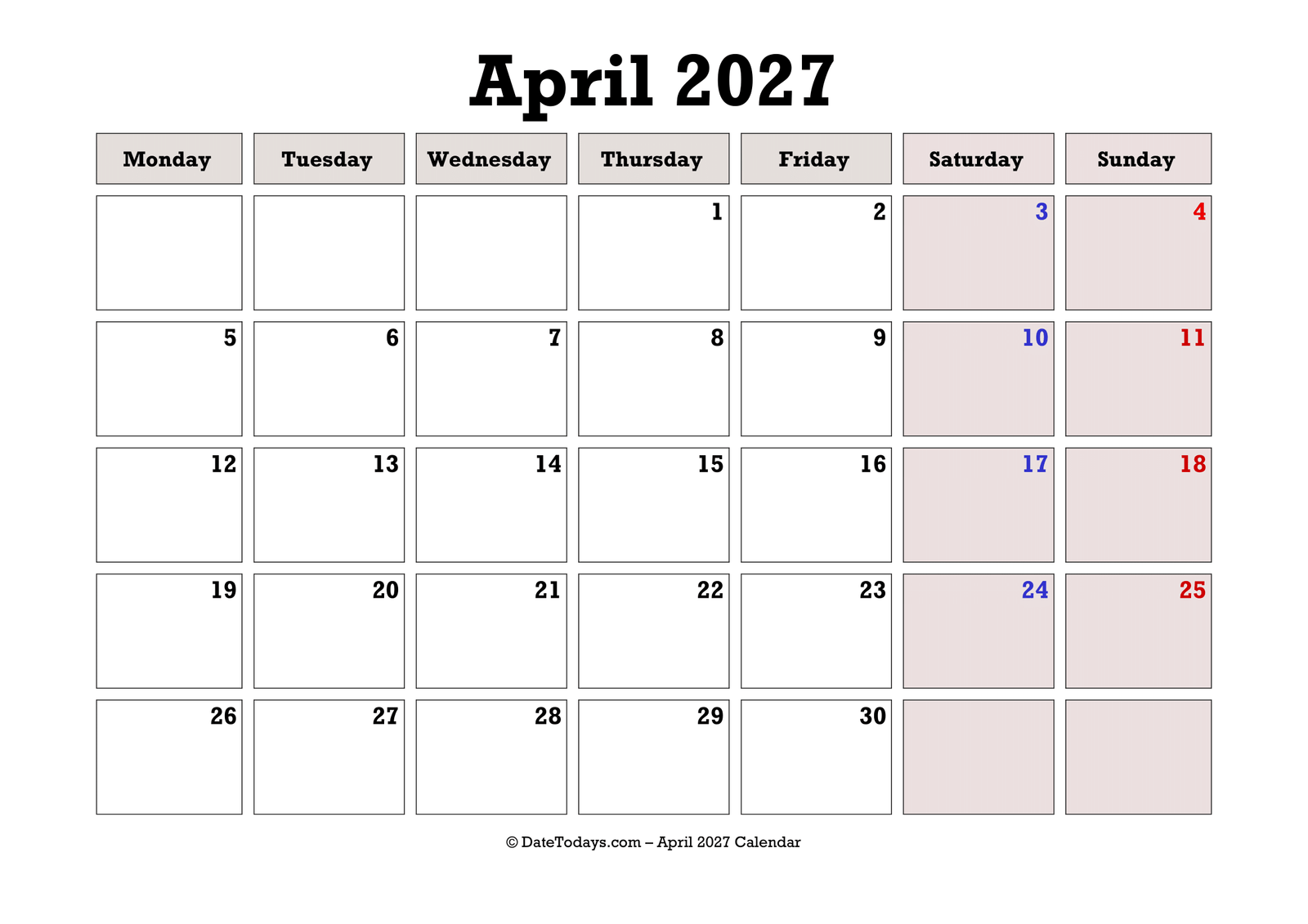 April 2027 Calendar Monday Start
