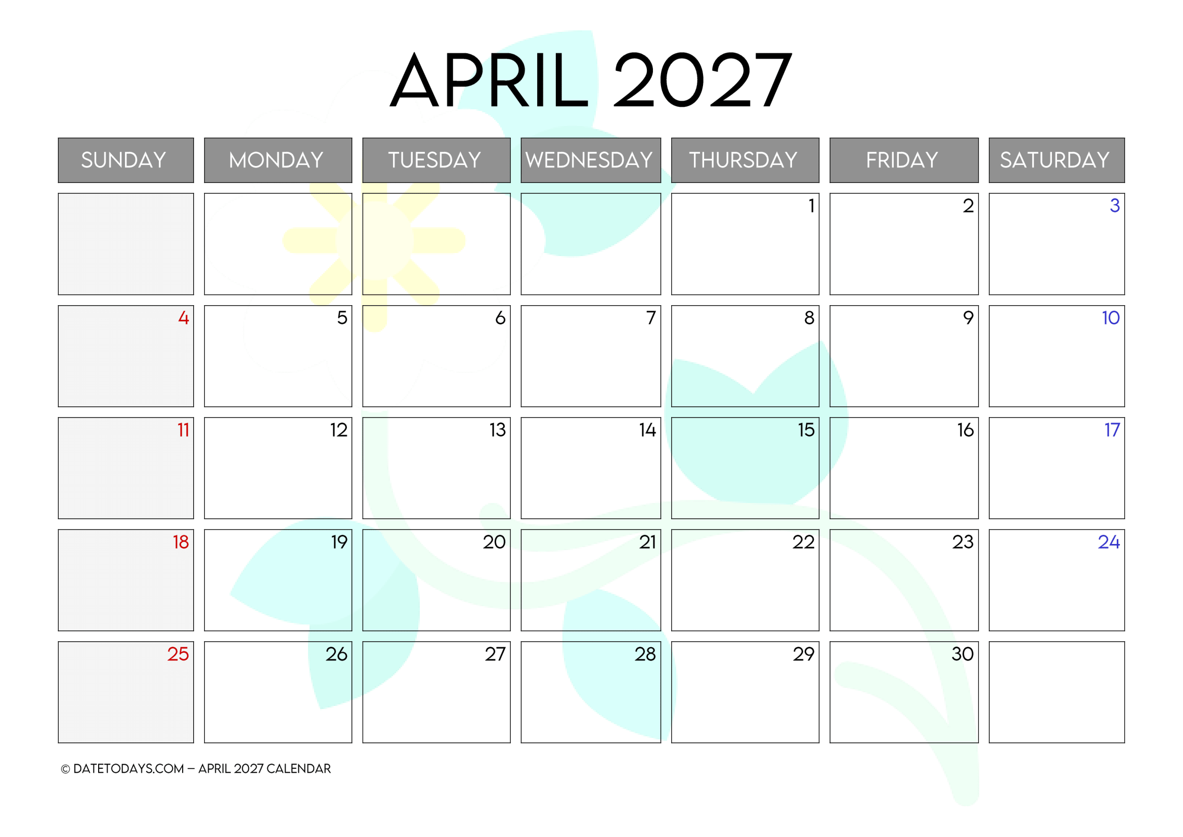 Printable April 2027 Calendar with Holidays