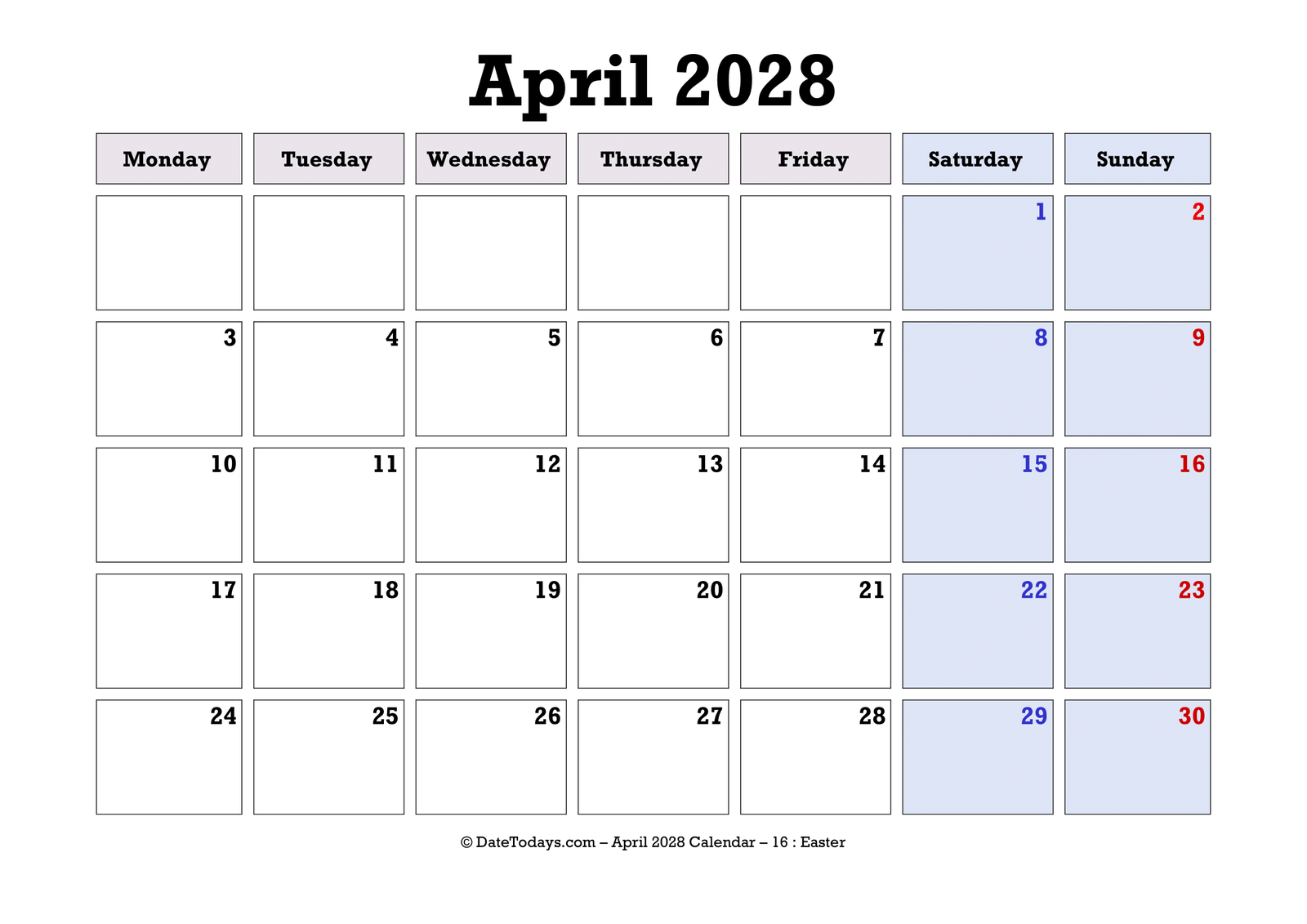 April 2028 Calendar Monday Start
