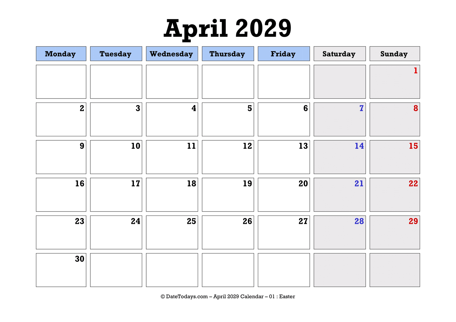 April 2029 Calendar Monday Start