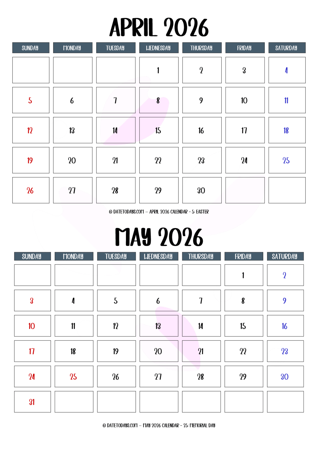 April May 2026 Calendar Printable PDF 2 Month Calendar