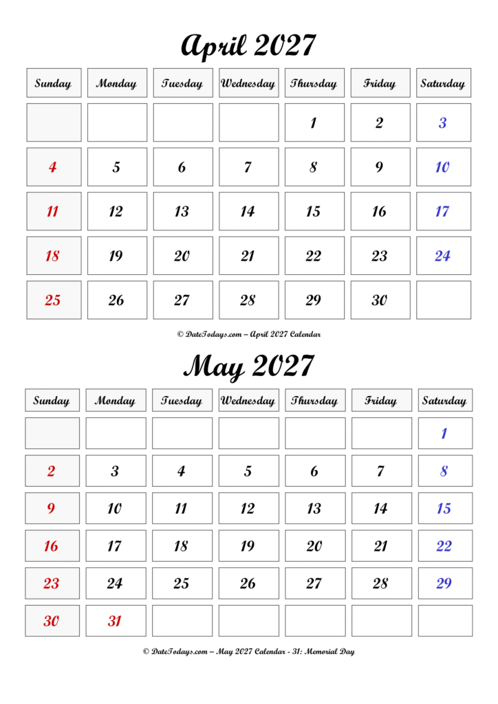 April May 2027 Calendar Printable