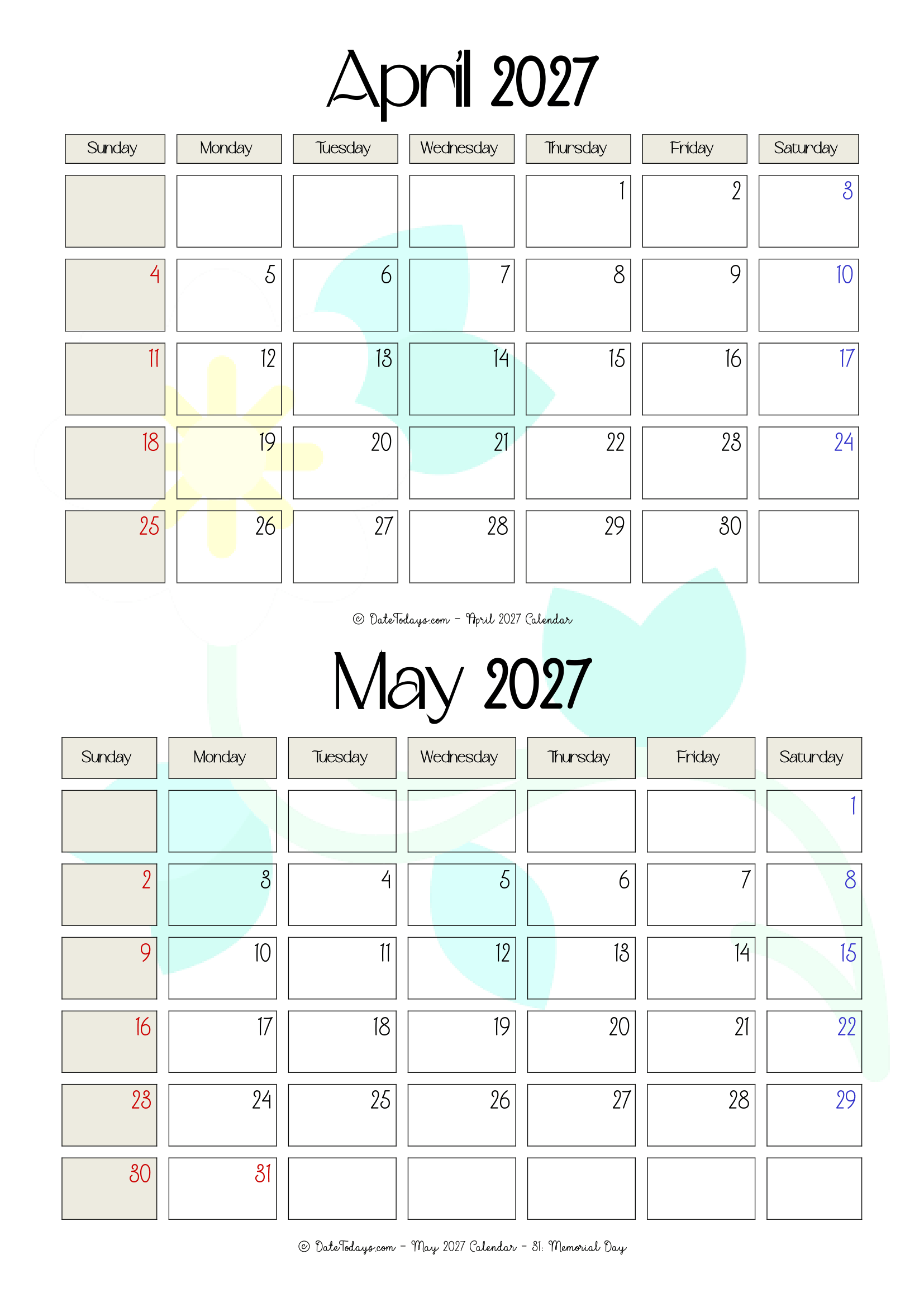 April May 2027 Calendar Printable