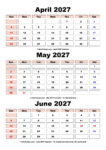 April May June 2027 Calendar with Holidays