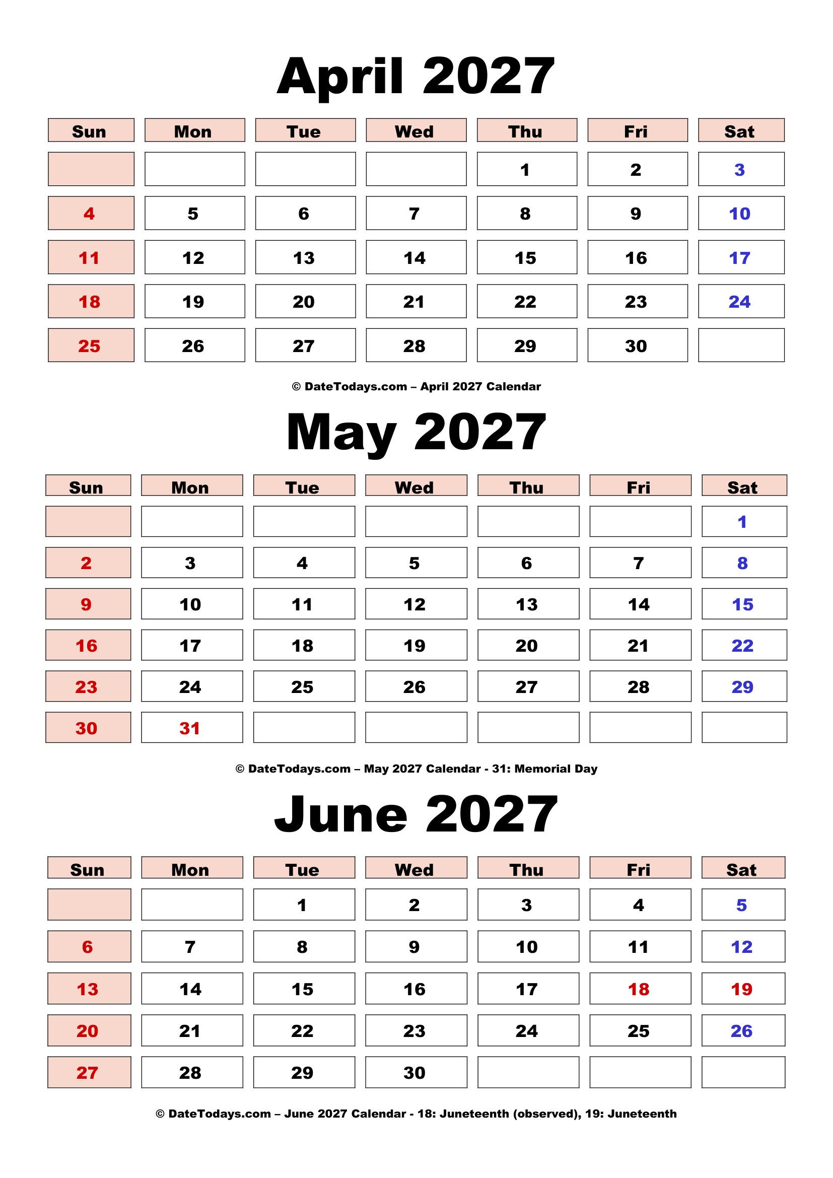 April May June 2027 Calendar with Holidays
