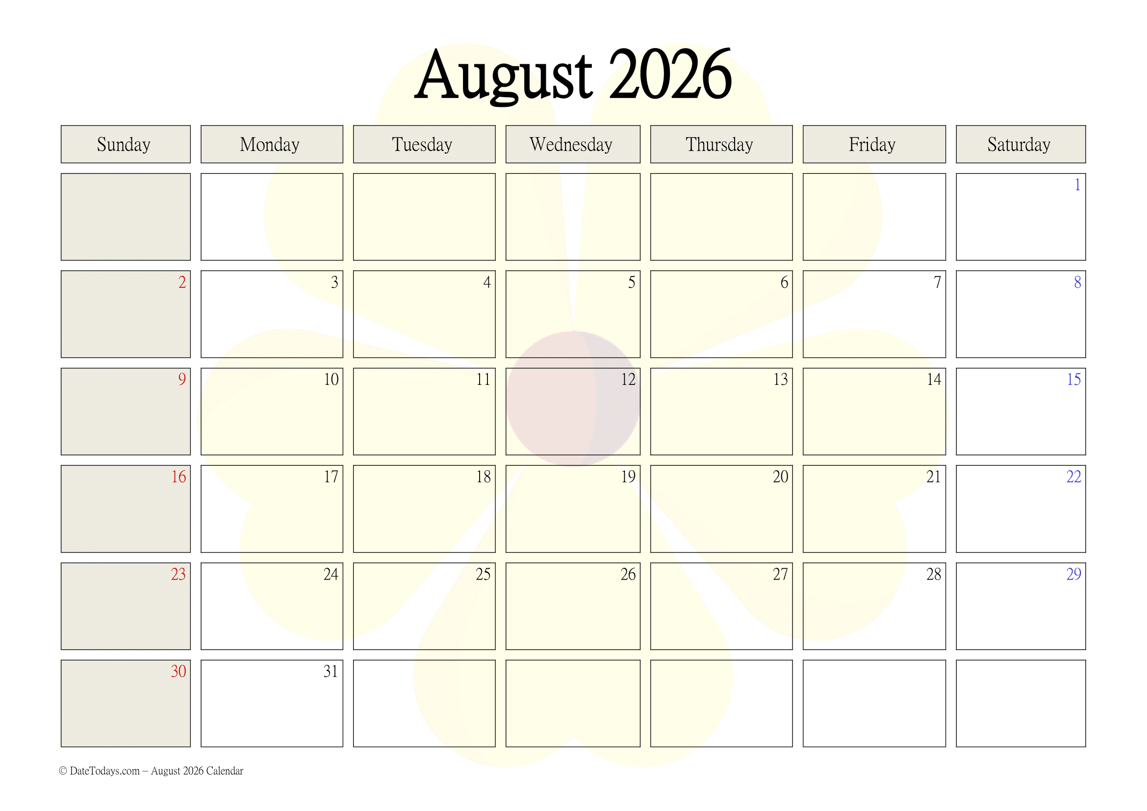 August 2026 Calendar With Holidays Printable PDF August 2026 Calendar With Holidays Printable PDF