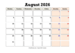 August 2026 Calendar Monday Start