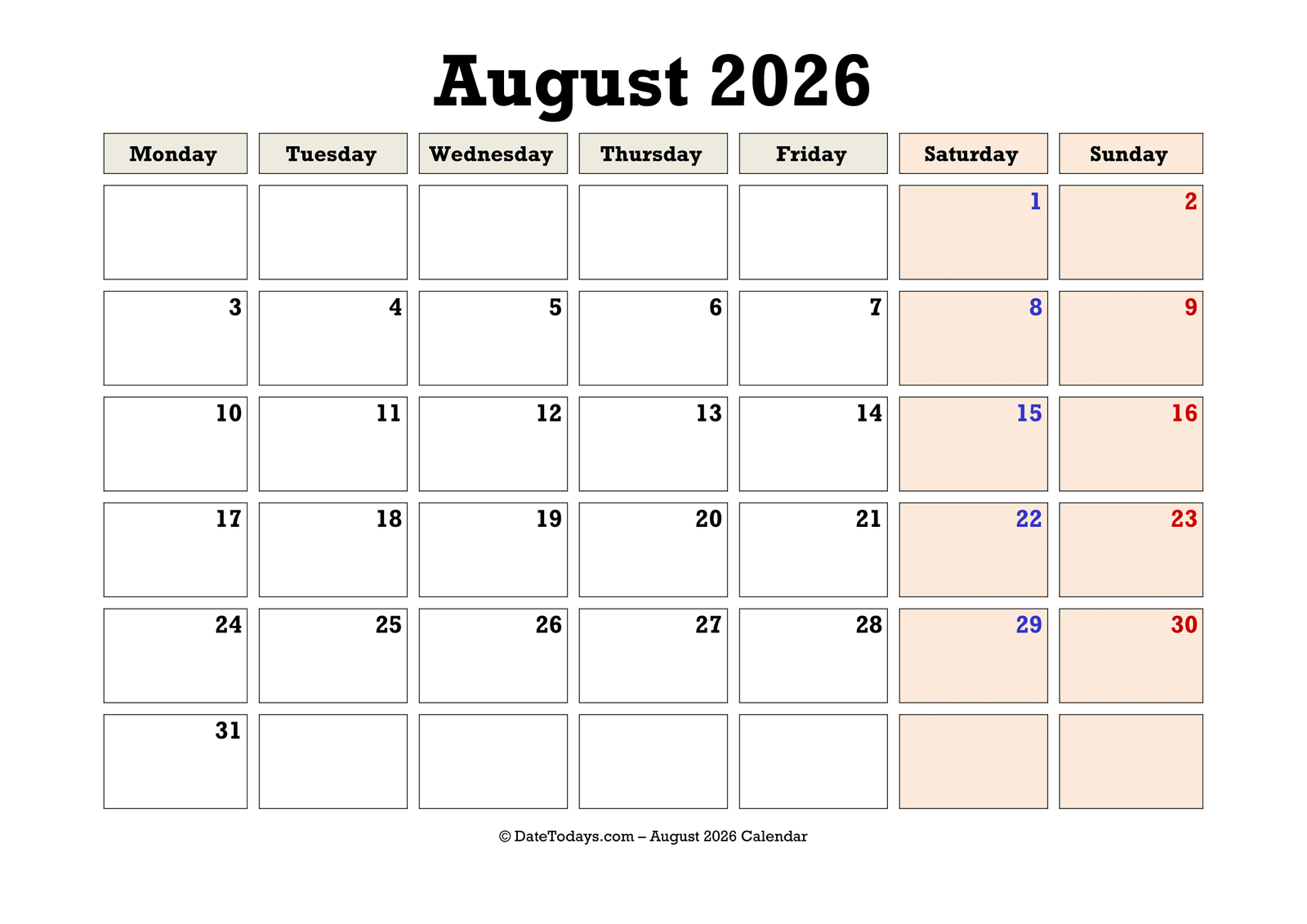 August 2026 Calendar Monday Start