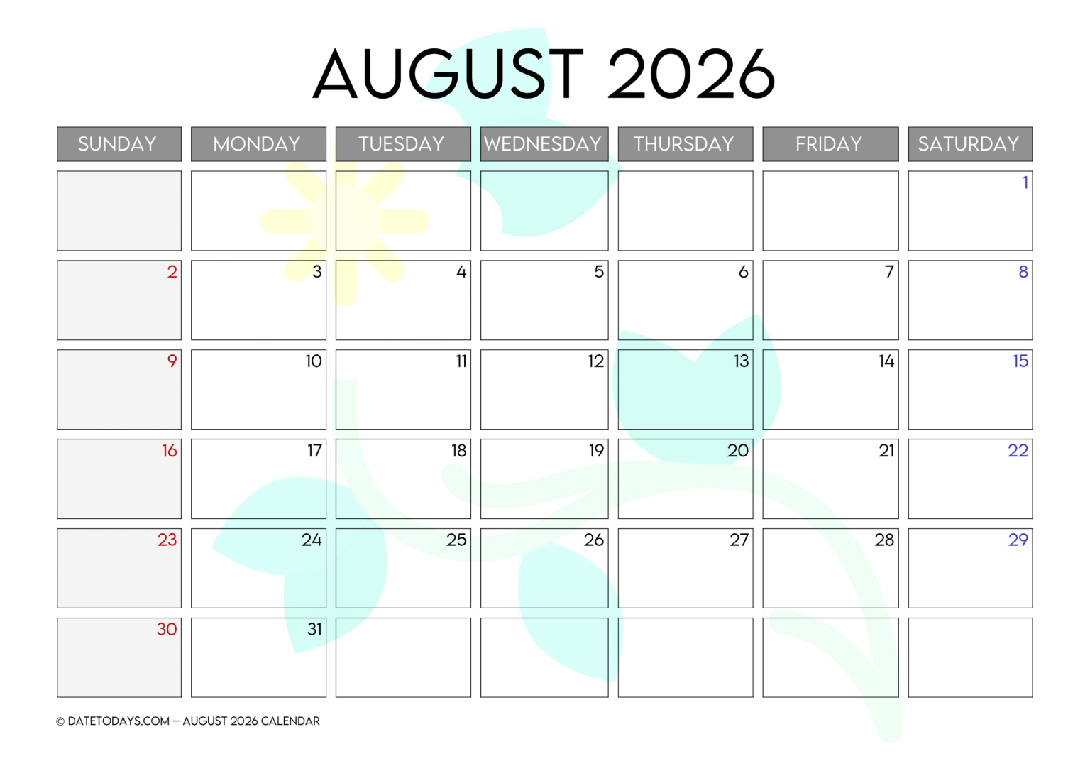 August 2026 Calendar with Holidays Printable PDF