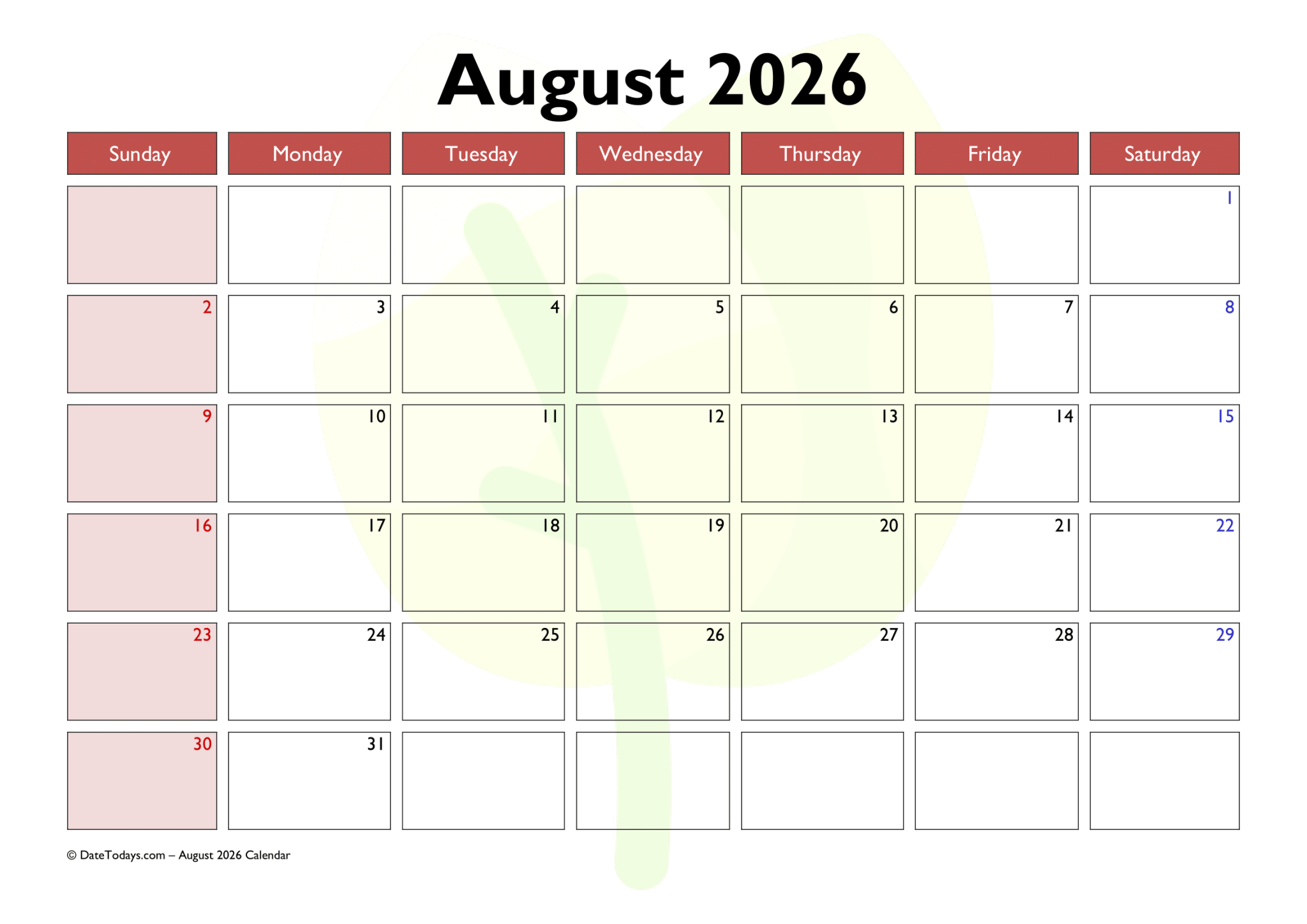 August 2026 Calendar with Holidays Printable PDF