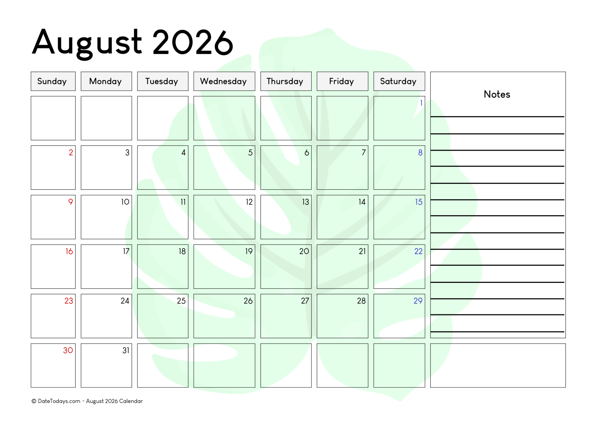 August 2026 Calendar with Holidays Printable PDF