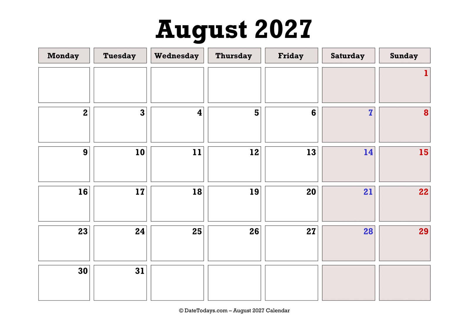 August 2027 Calendar Monday Start