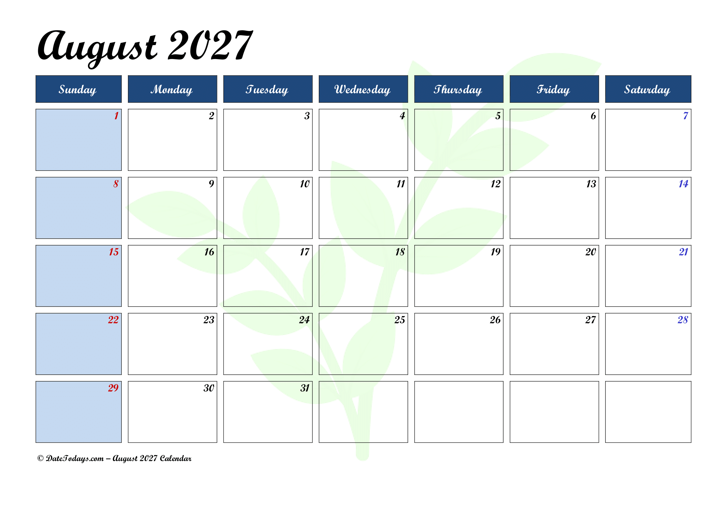 Printable August 2027 Calendar with Holidays