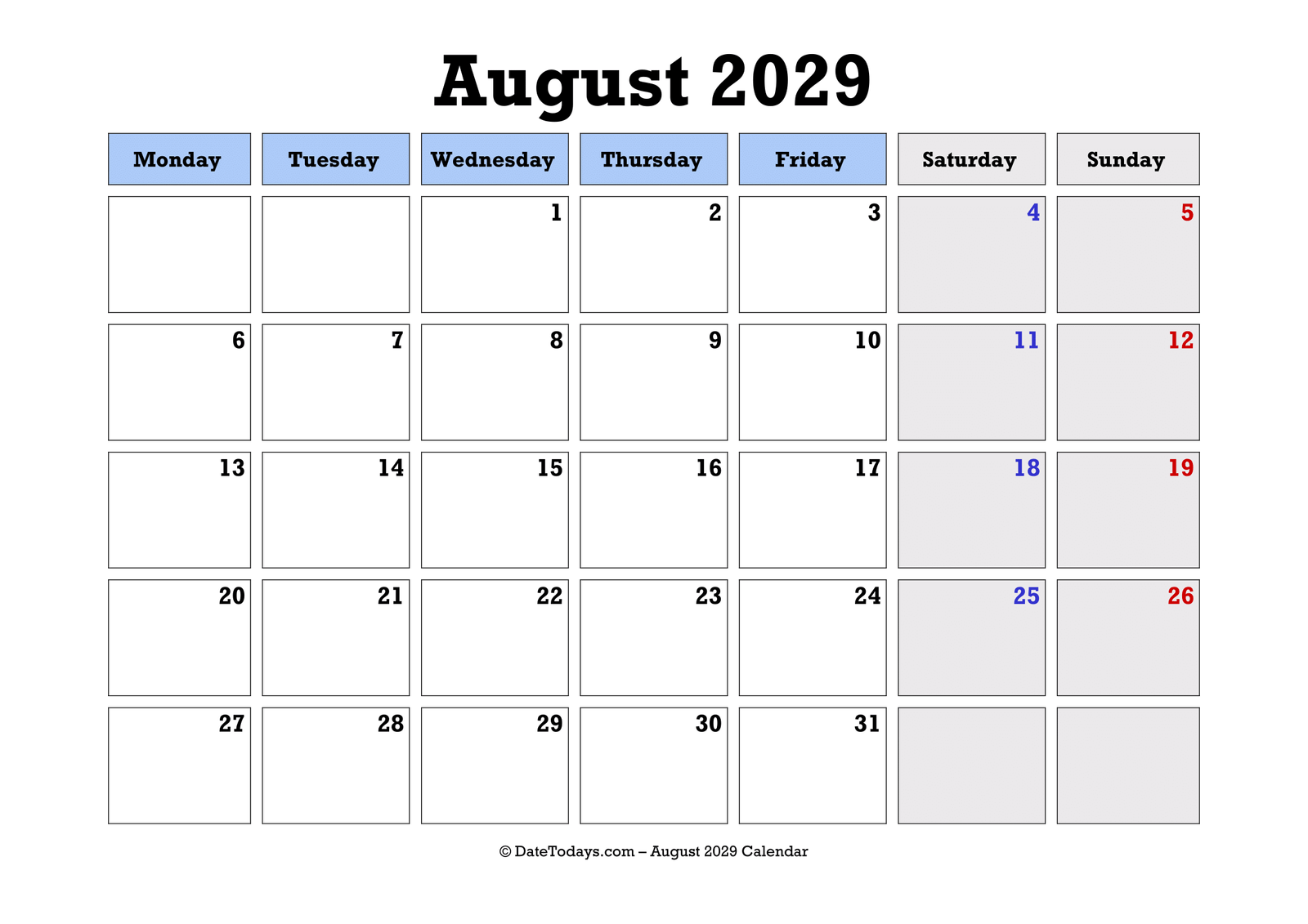 August 2029 Calendar Monday Start