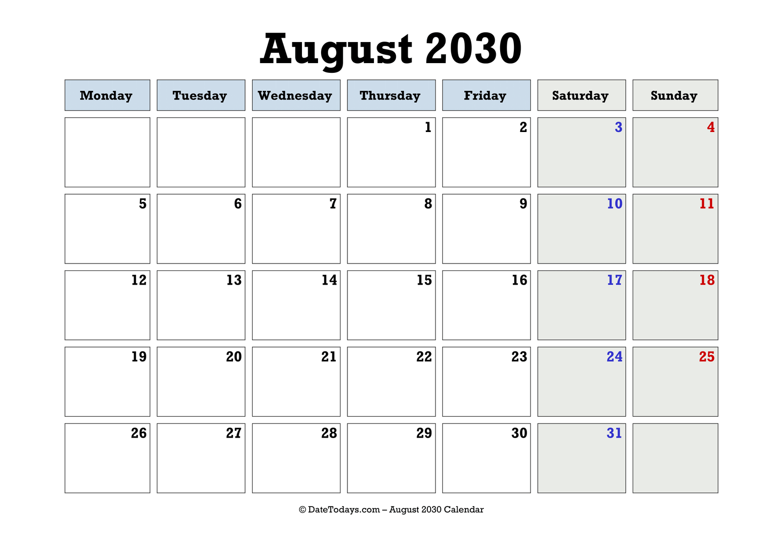 August 2030 Calendar Monday Start