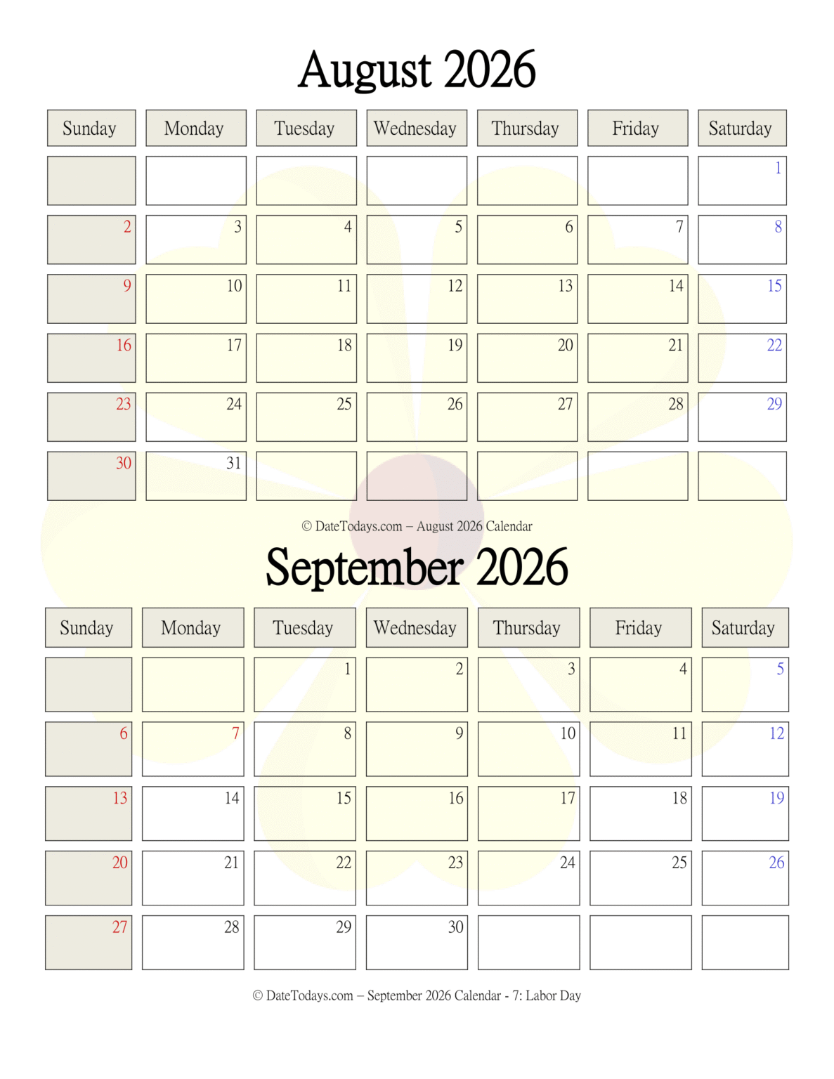 August September 2026 Calendar - 2 Month Calendar