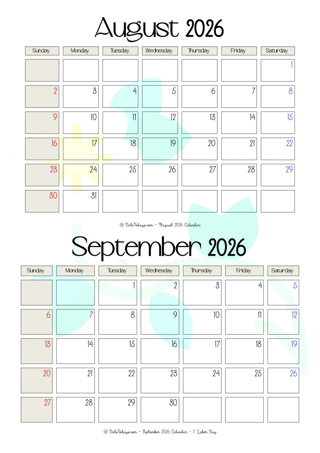 August september 2026 calendar 2 month calendar