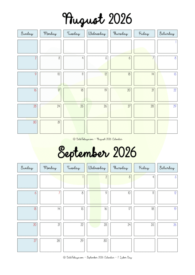 August september 2026 calendar 2 month calendar