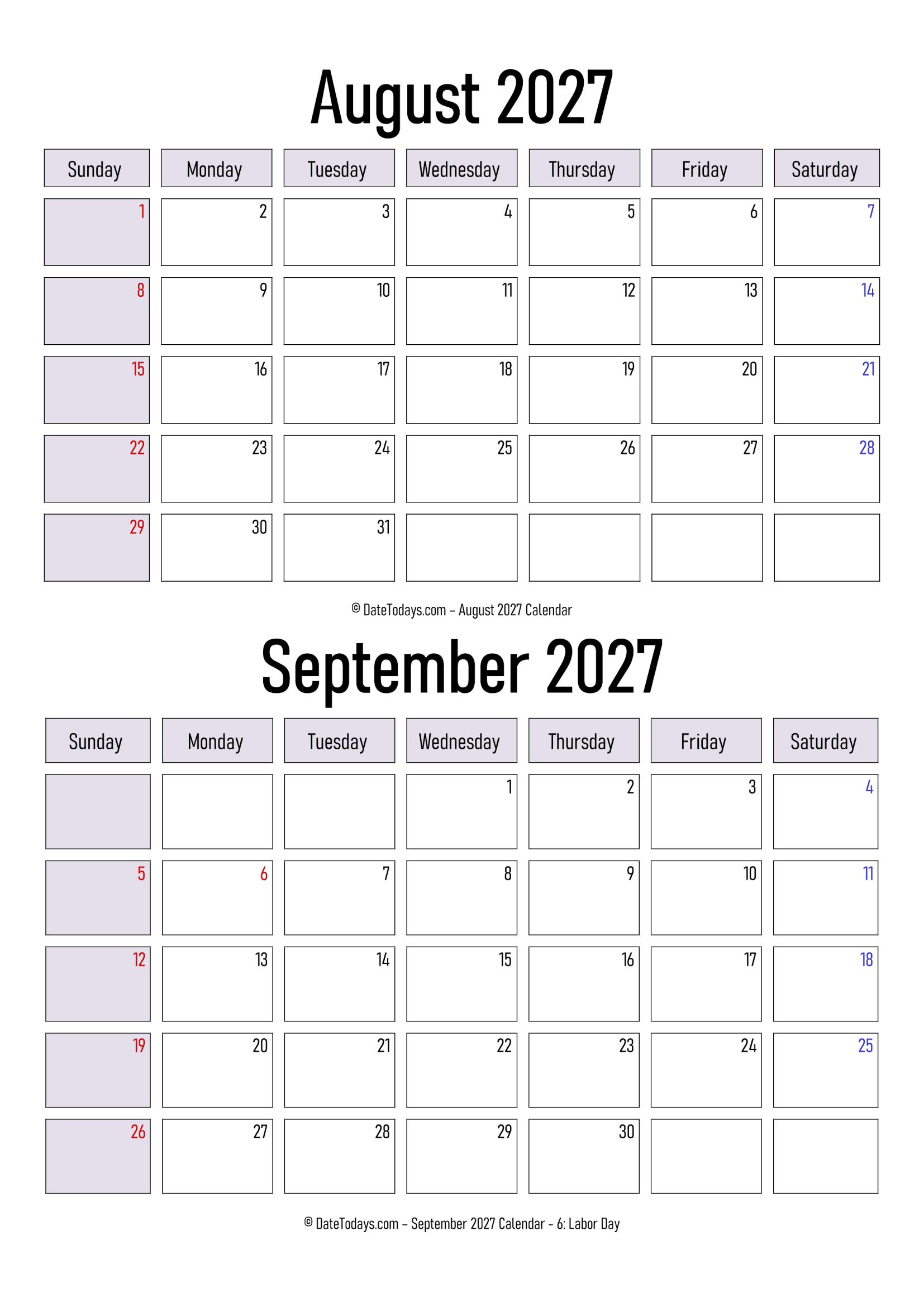 August September 2027 Calendar Print