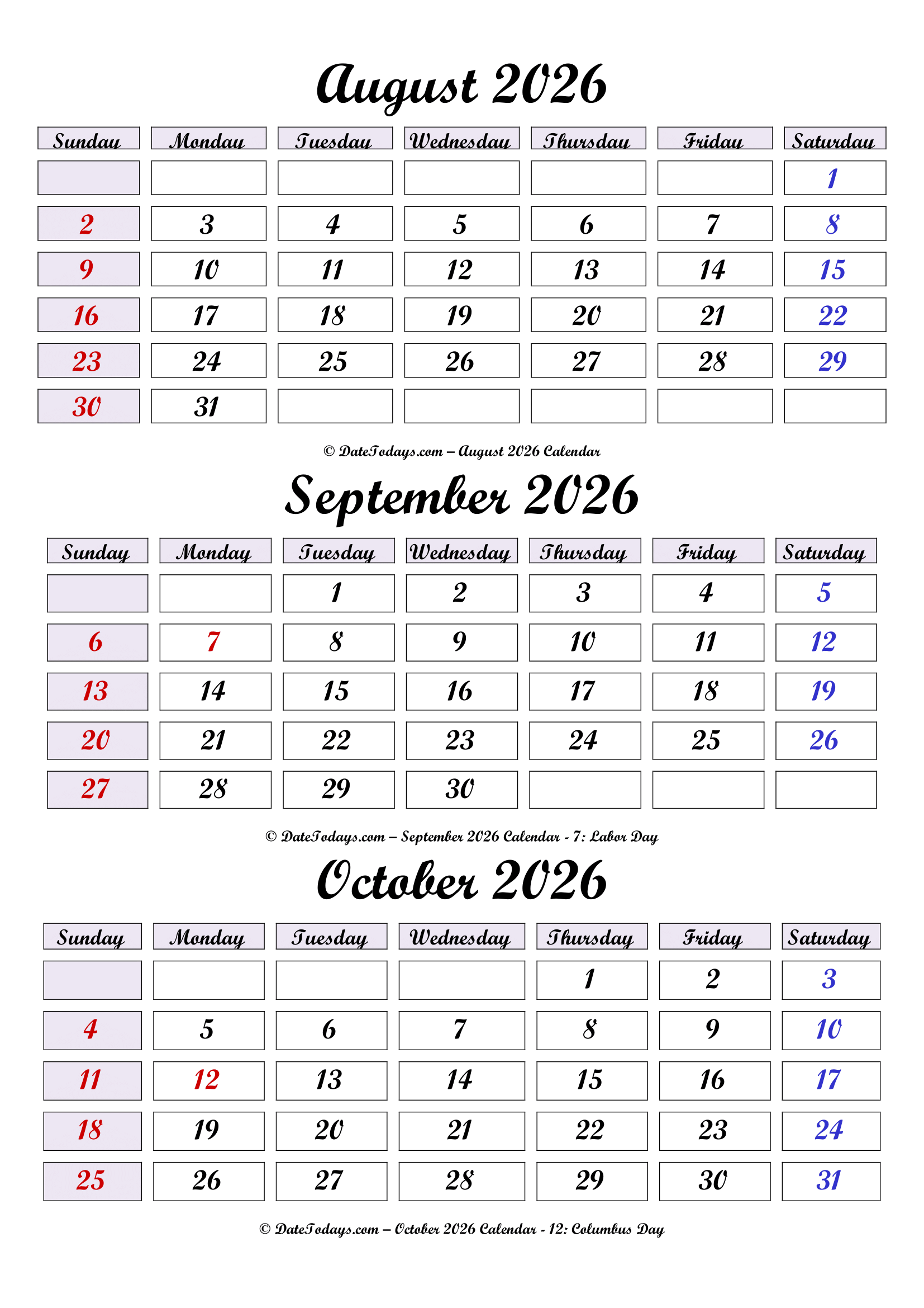 August September October 2026 Calendar Printable PDF