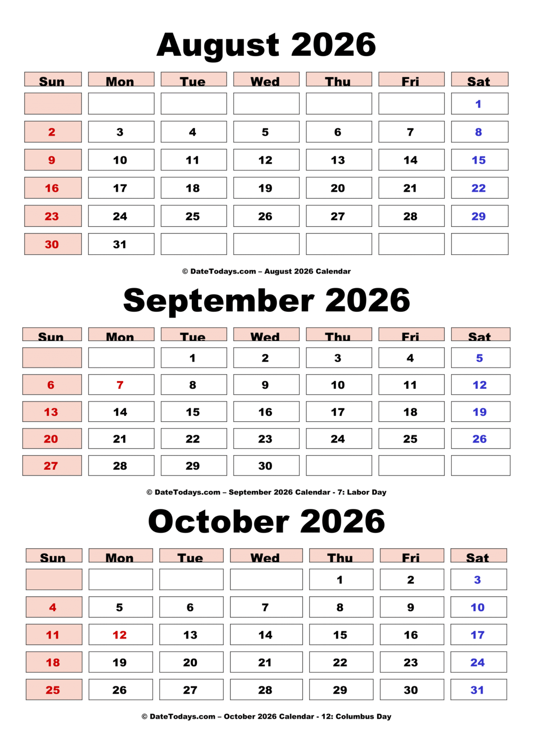 August September October 2026 Calendar - Date Today's