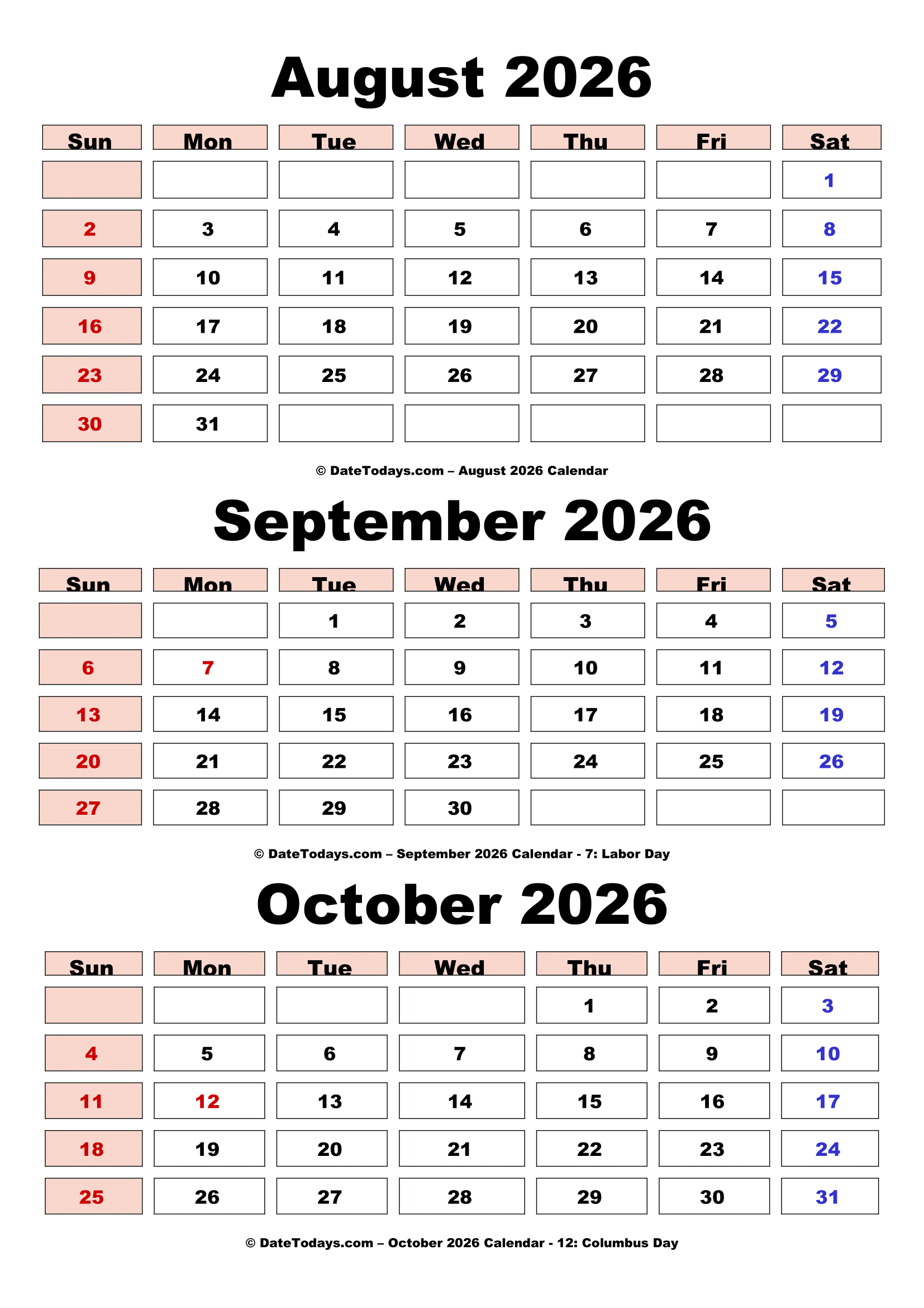 August September October 2026 Calendar with Holidays