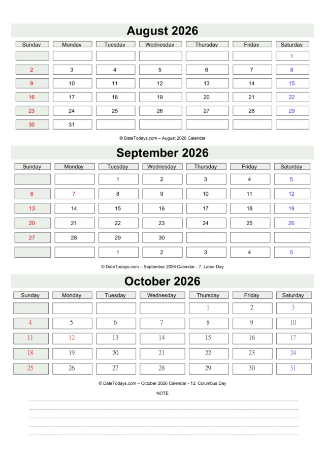 August September October 2026 Calendar - Date Today's