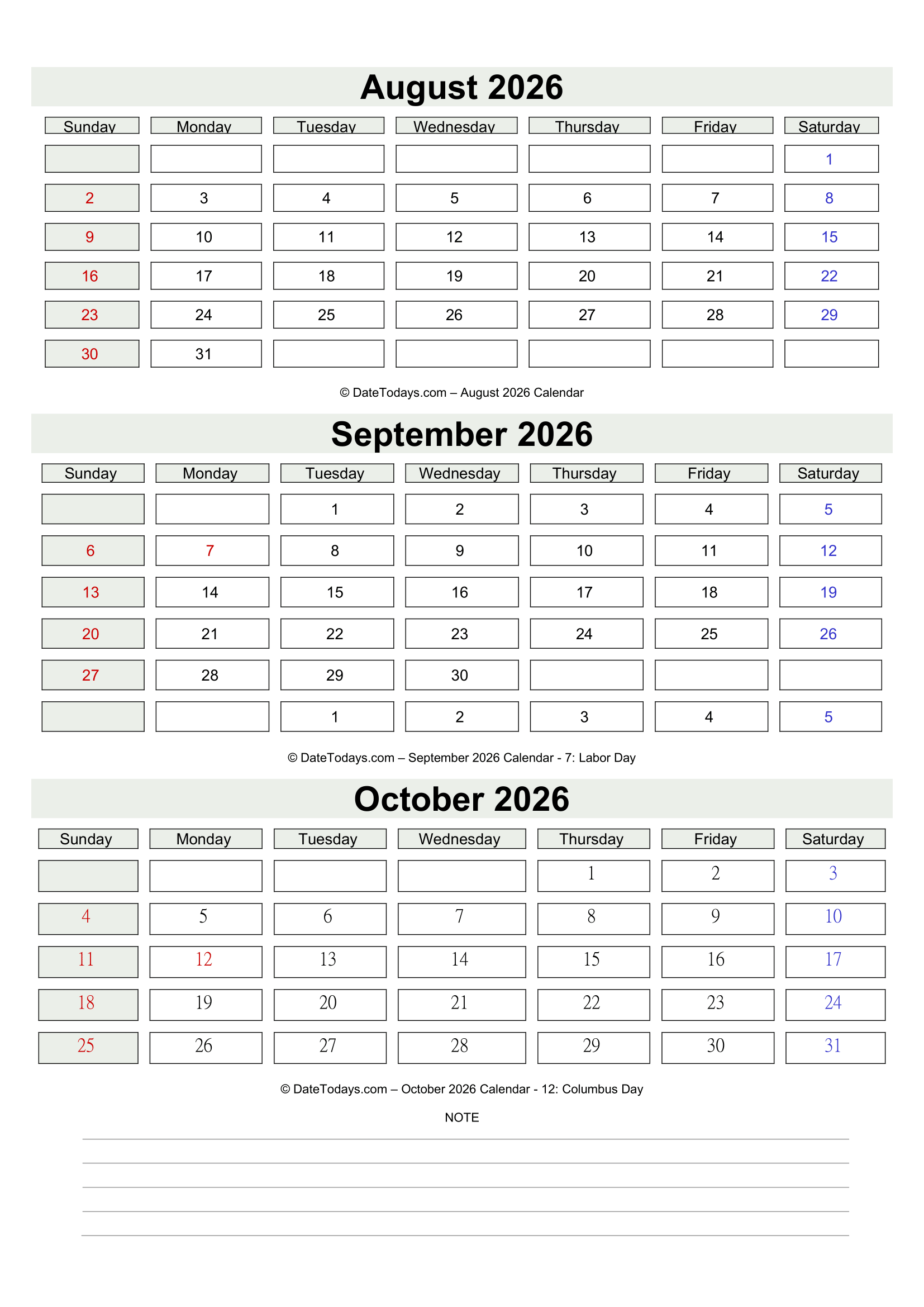 August September October 2026 Calendar with Notes