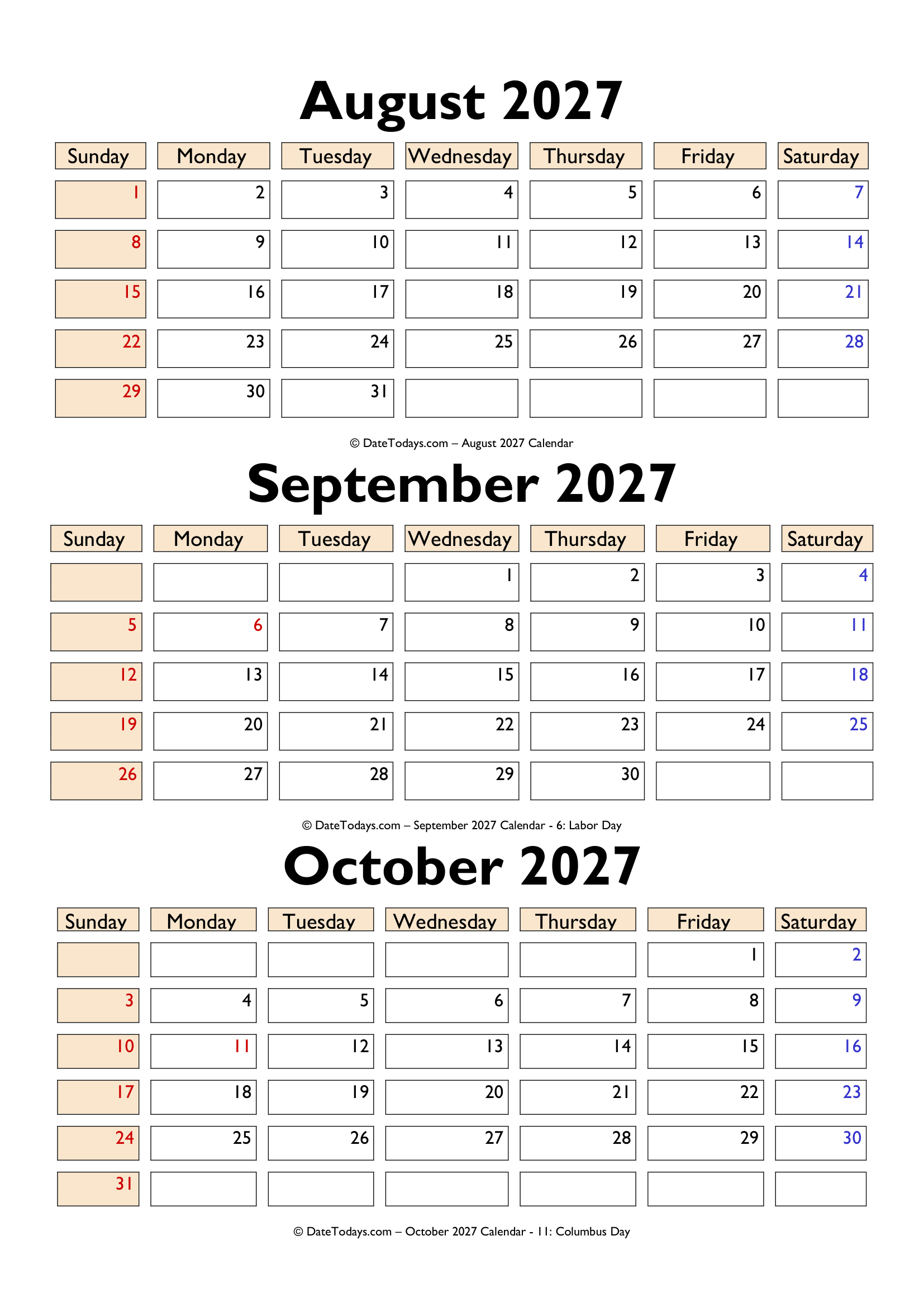 August to October 2027 Calendar