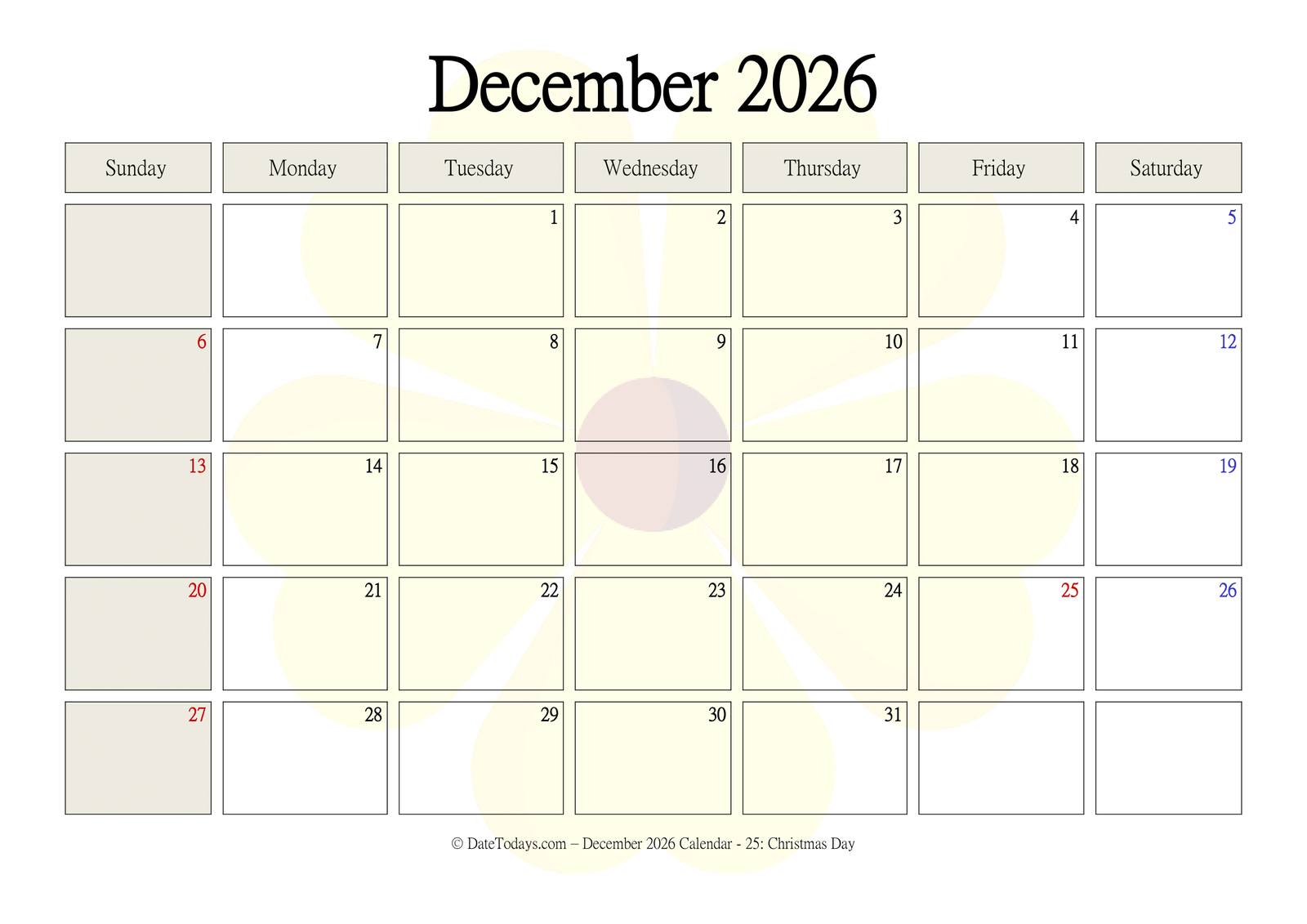 December 2026 Calendar Free
