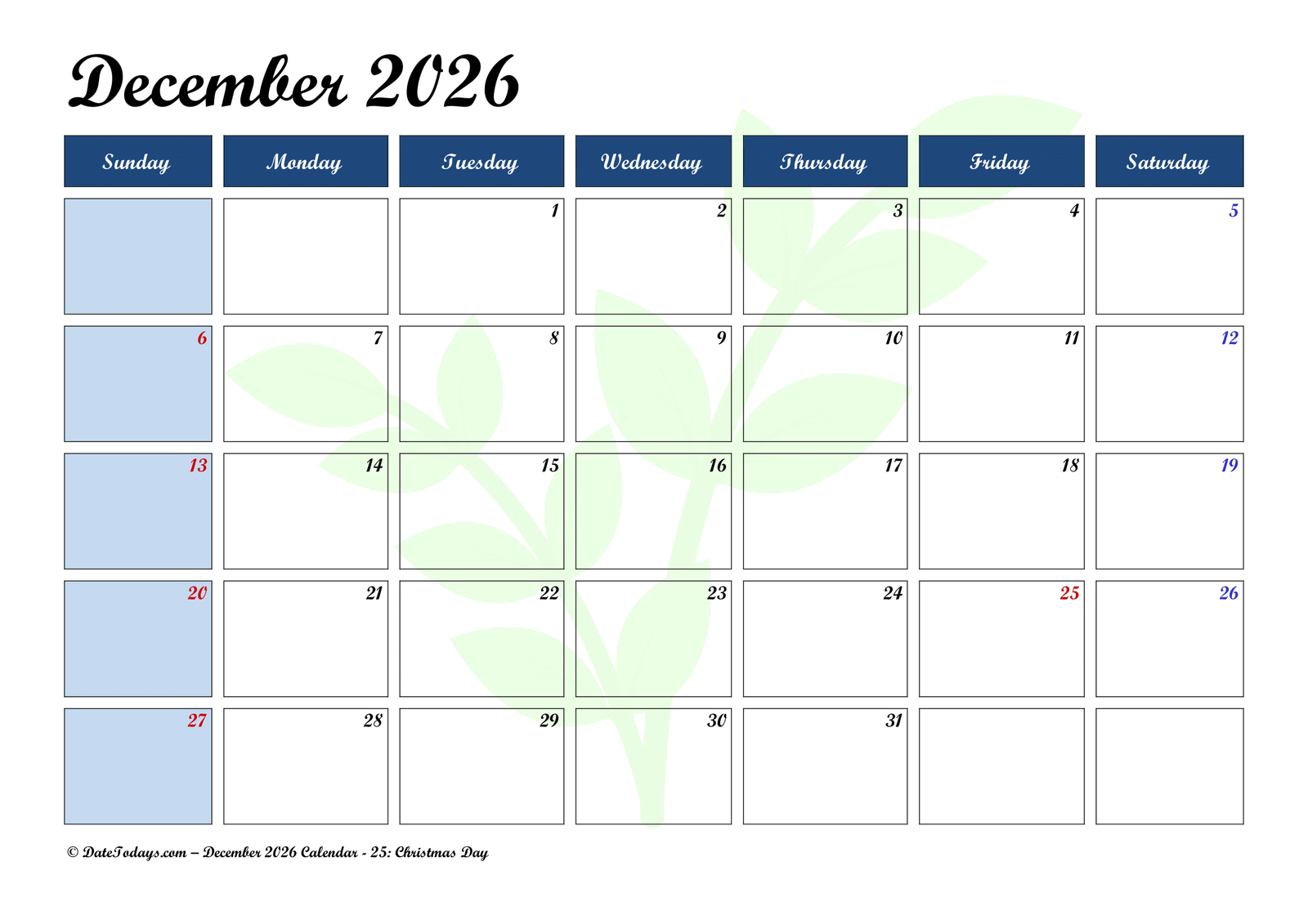 December 2026 Calendar PDF
