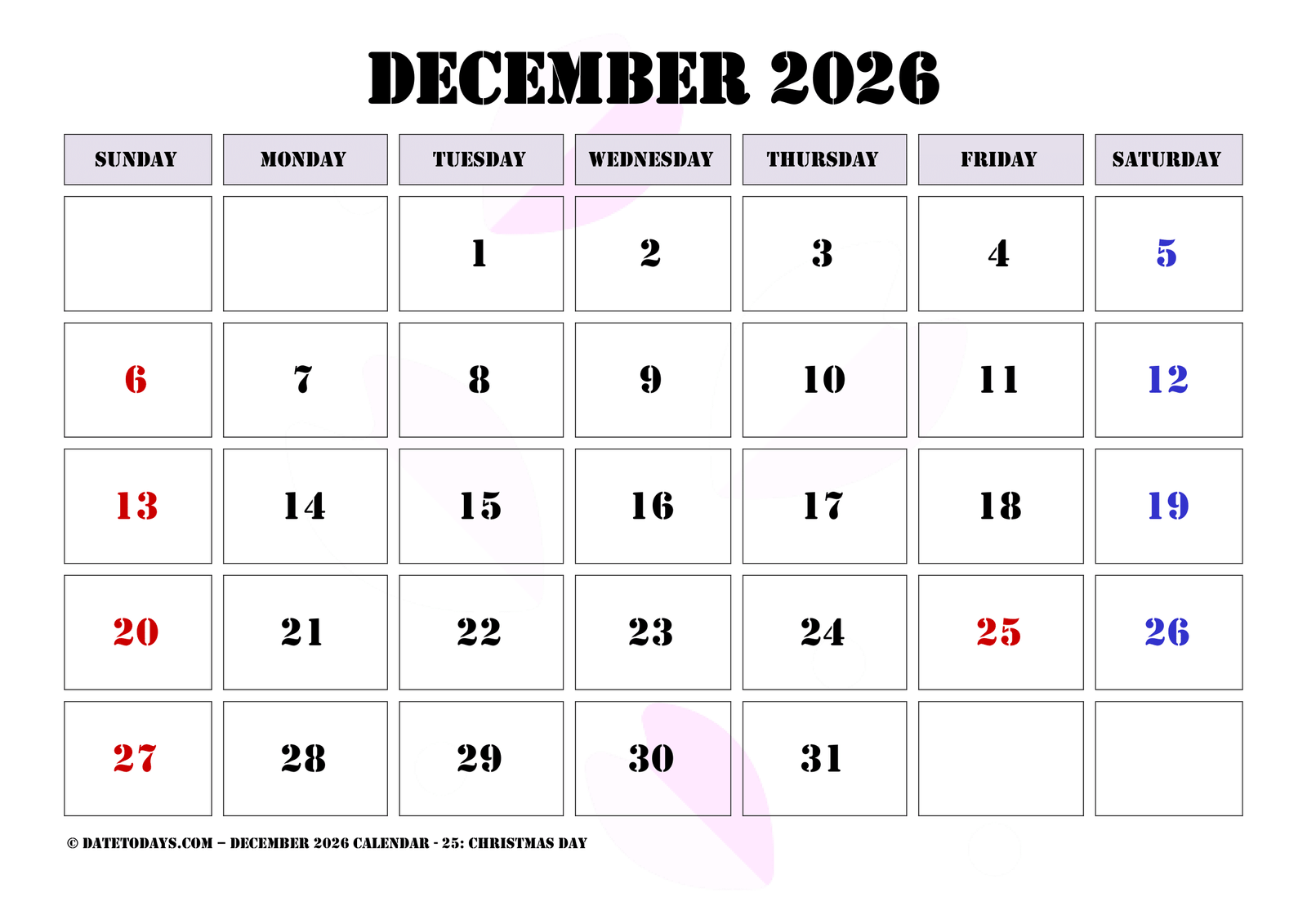 December 2026 Calendar with Holidays