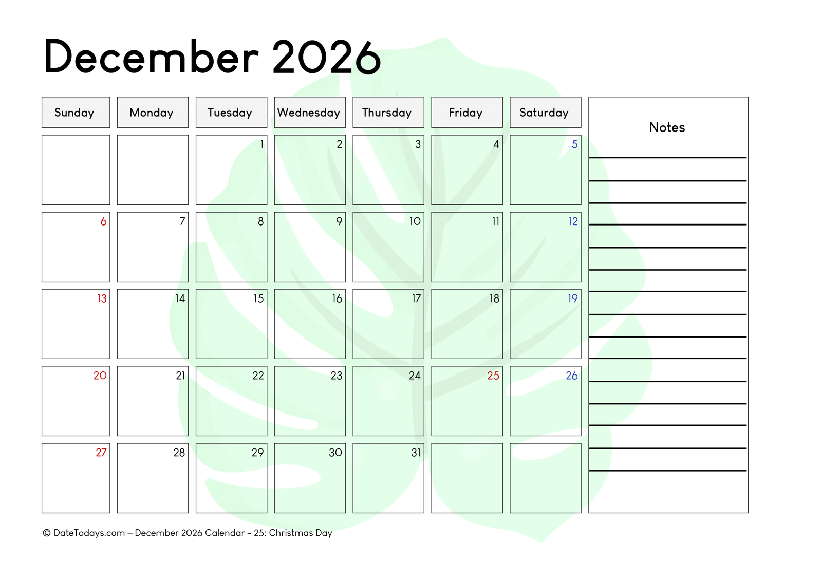 December 2026 Calendar with Notes