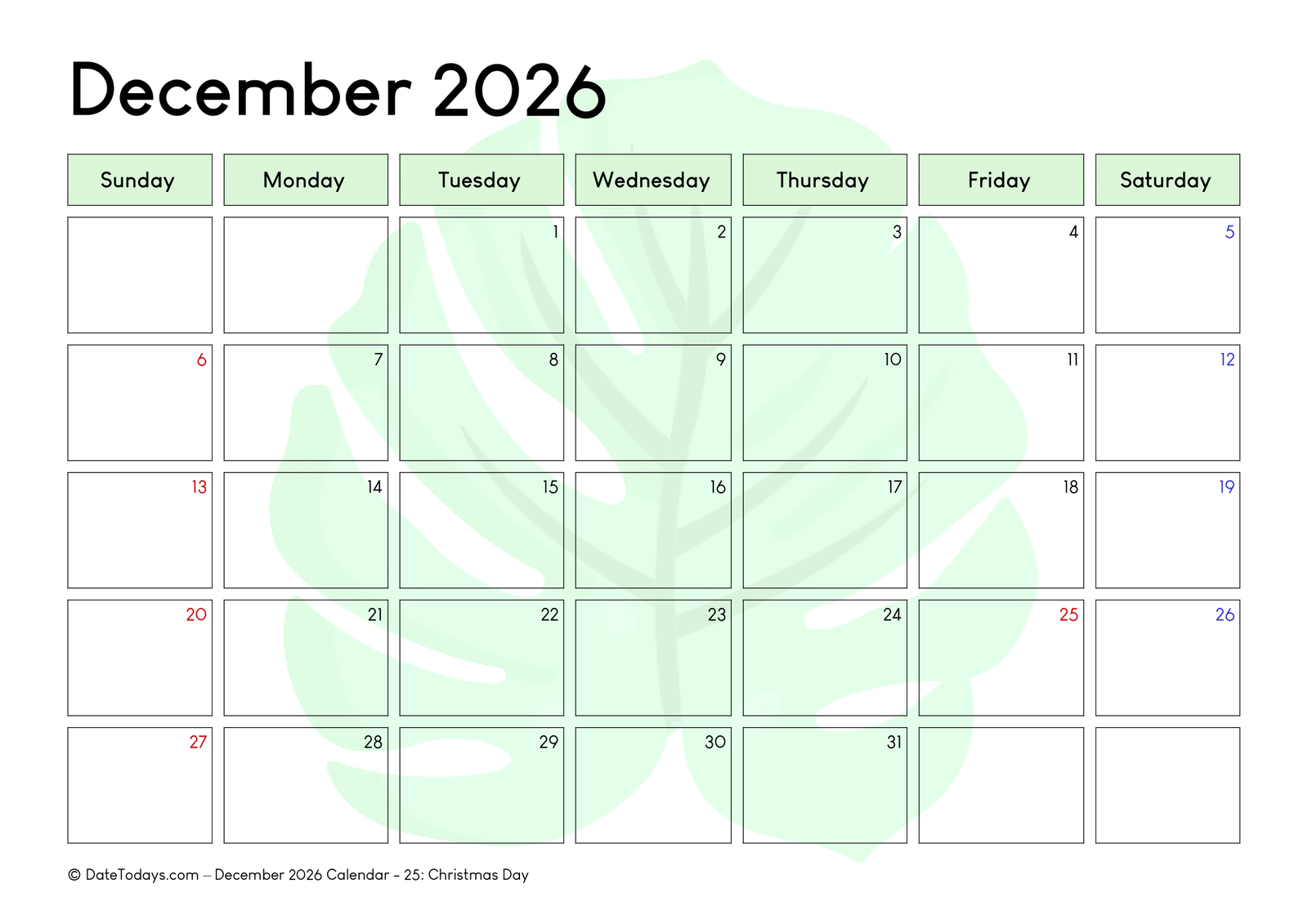 December 2026 Calendar