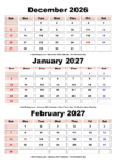 December 2026 January February 2027 Calendar with Holidays