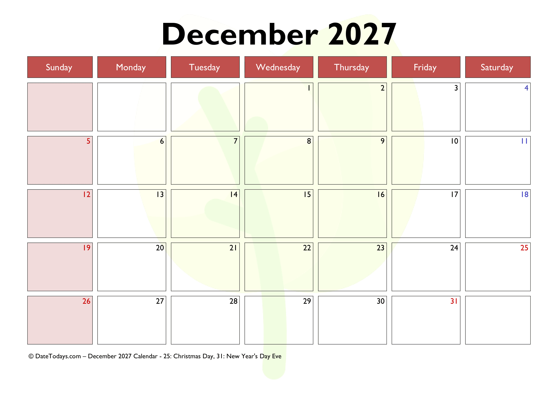 December 2027 Calendar Printable PDF